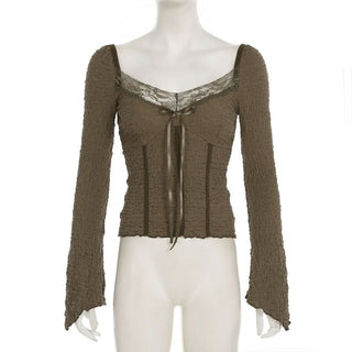 Long sleeve textured bowknot lace hem top