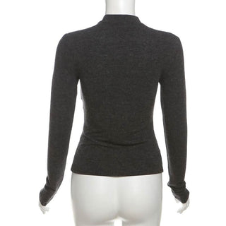 High neck long sleeve beaded cross pattern hollow out cut out top