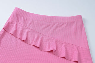 Long flared sleeve v neck ruffle slit mini skirt set