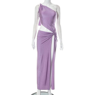 Knotted irregular one shoulder hollow out slit cut out maxi dress