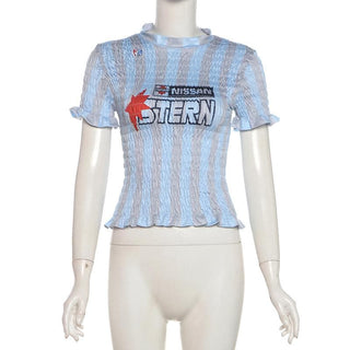 Short sleeve crewneck ruffle smocked letter print top