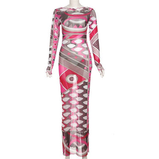 Long sleeve ruffle abstract mesh maxi dress