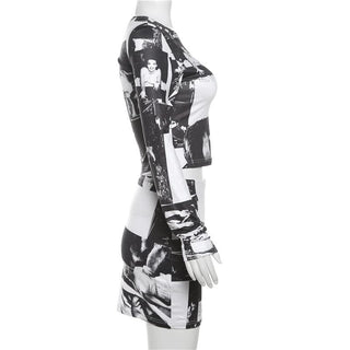 Long sleeve print crewneck mini skirt set