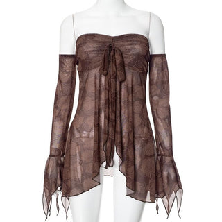 Long flared sleeve sheer mesh print off shoulder top
