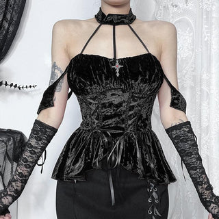 Halter velvet cross applique lace up top