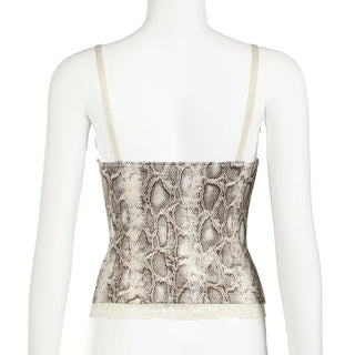 Snake print v neck lace hem cami top