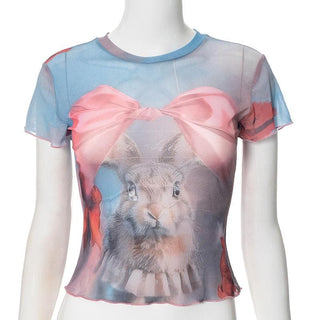 Crew neck short sleeve mesh rabbit print top