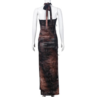 Halter tie dye high slit cross front maxi dress