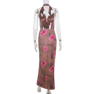Halter cowl neck flower print ruched maxi dress