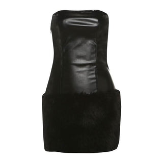 PU leather fluffy zip-up backless tube mini dress