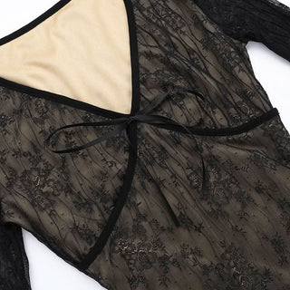 V neck long sleeve lace bowknot mini dress