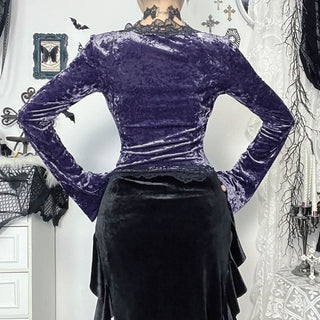 Long sleeve lace hem velvet v neck contrast top