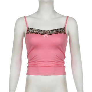 Lace hem bowknot backless contrast cami top