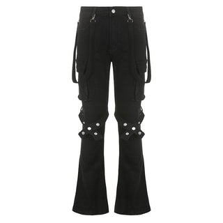Button cargo pocket ribbon low rise solid jeans