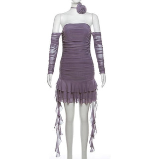 Long sleeve sheer mesh flower applique mini dress