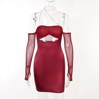 Mesh gloves solid halter ruched hollow out off shoulder cut out mini dress