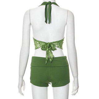 Halter lace hem drawstring ribbed crop pant set