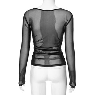Long sleeve ruched sheer mesh solid top