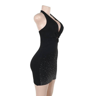 Halter self tie beaded ruched v neck mini dress