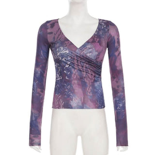 V neck long sleeve tie dye ruched top