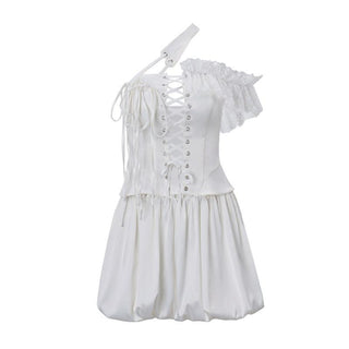 One off shoulder irregular lace up satin ruffle puff skirt set