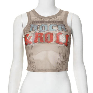 Sheer mesh letter print crewneck tank top