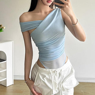 One shoulder ruched sheer mesh bodysuit