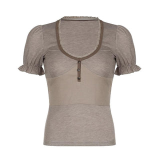 Short puff sleeve button stitch ruffle ribbed top