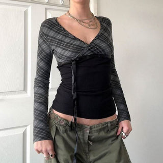 Long sleeve striped print v neck bowknot ribbon top