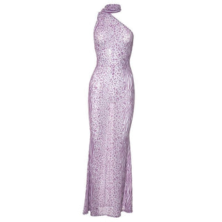 Halter leopard print sheer mesh backless maxi dress