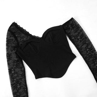 One shoulder sweetheart neck long sleeve lace top