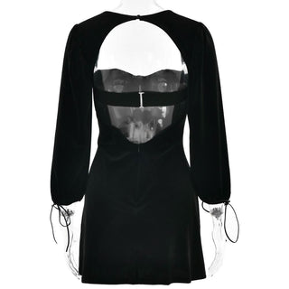 Long sleeve sweetheart neck velvet hollow out cut out mini dress