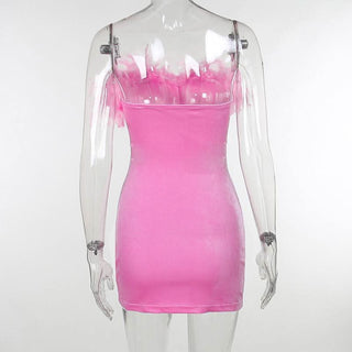 Velvet feather button tube mini dress