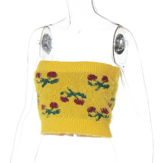 Knitted fluffy cherry print tube top