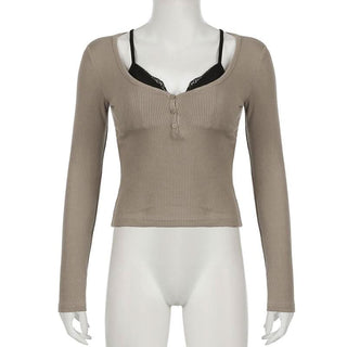 Long sleeve lace hem patchwork button top