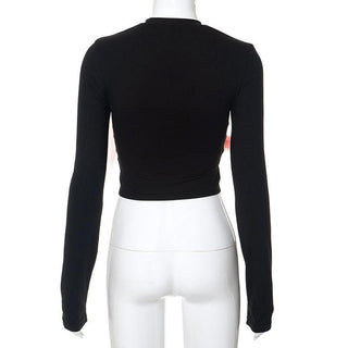Long sleeve crewneck bowknot mesh contrast top