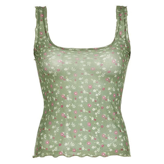 Square neck ruffle sheer mesh flower print tan tank top
