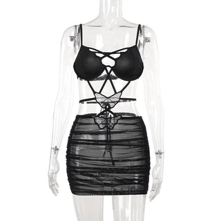 Cross front butterfly mesh hollow out cami cut out mini dress
