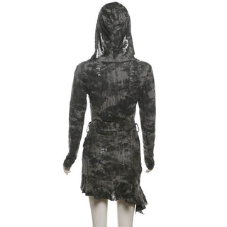 Hoodie long sleeve belt hollow out cut out mini dress