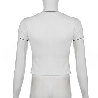 Short sleeve lace up textured lace hem top
