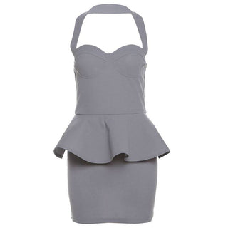 Halter ruffle v neck zip-up backless solid mini dress