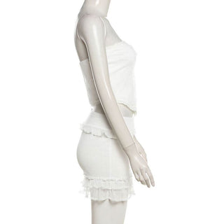 Lace hem backless ruffle tube mini skirt set