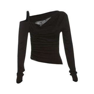 Irregular long sleeve ruched lace hollow out cut out top