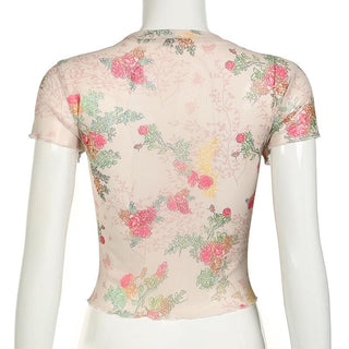 Short sleeve flower print ruffle sheer mesh top