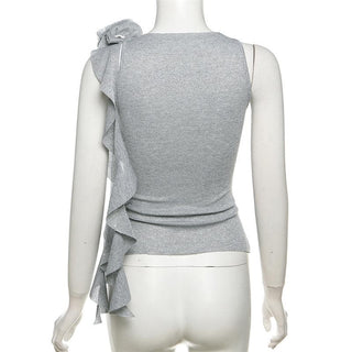 Crewneck flower applique glitter ruffle top