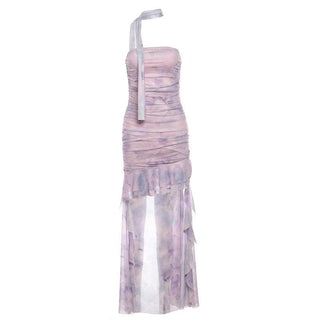 Tie dye ruched ruffle tube midi dress