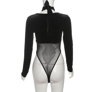 Velvet mesh patchwork long sleeve self tie bodysuit