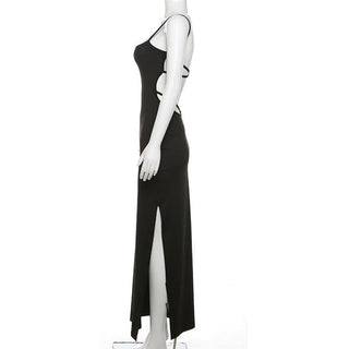 Lace up backless slit solid cami maxi dress