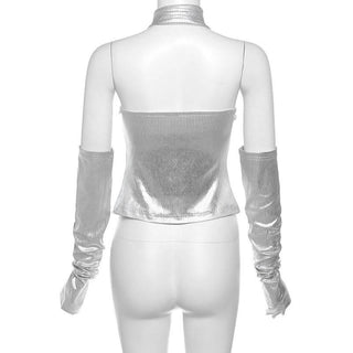 Metallic gloves zip-up tube top