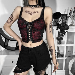 Lace v neck contrast lace up backless crop top